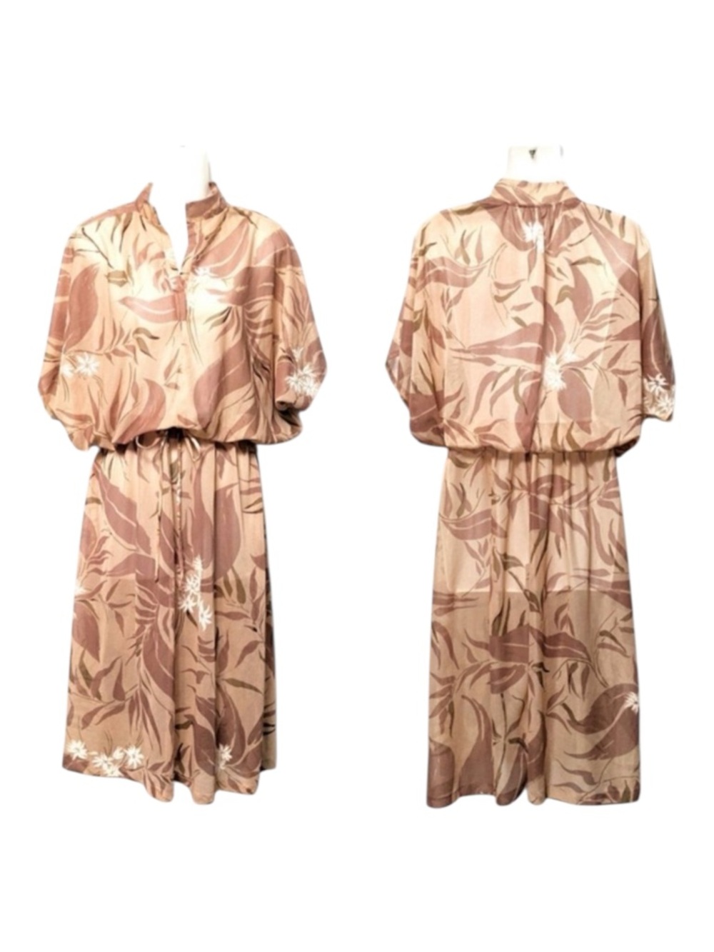 VINTAGE 70's Leaf Floral Blouson Midi Dress M